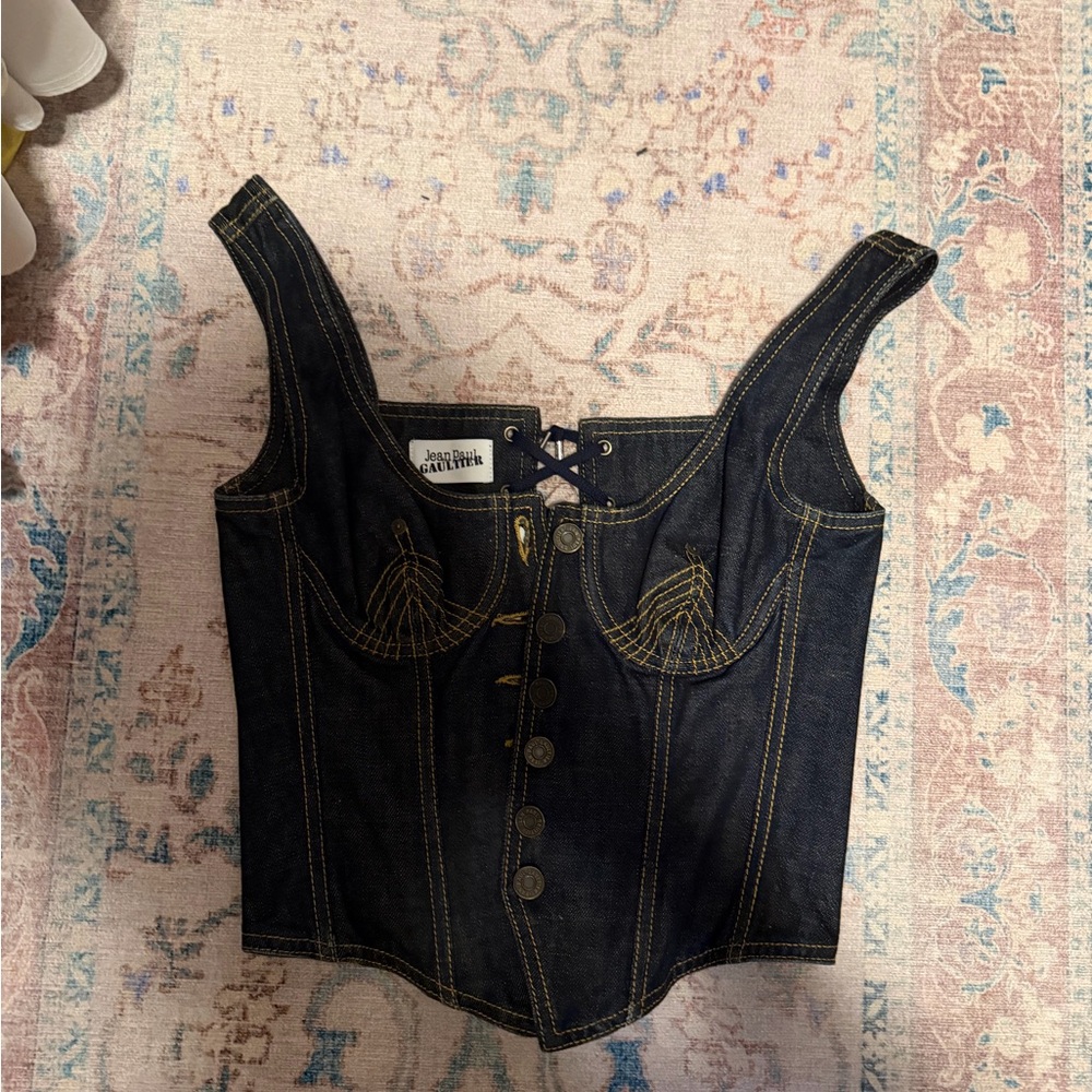 Jean Paul Gaultier Dark Indigo Denim Corset Top with Gold Stitching